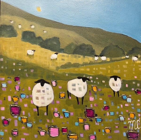 Painting of sheep in a field with colorful geometric patterns