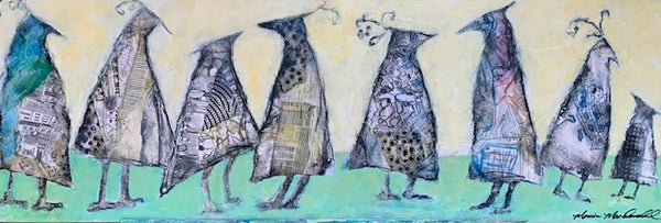 Artistic depiction of stylized figures in patterned dresses walking in a line.
