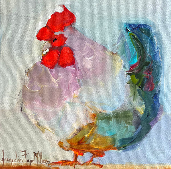 Abstract painting of a rooster with red comb and green background
