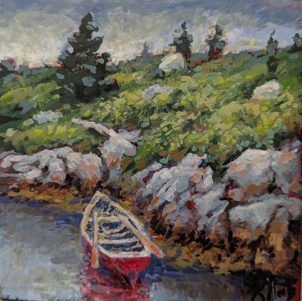Painting of a landscape with a boat on water, rocks, and trees.