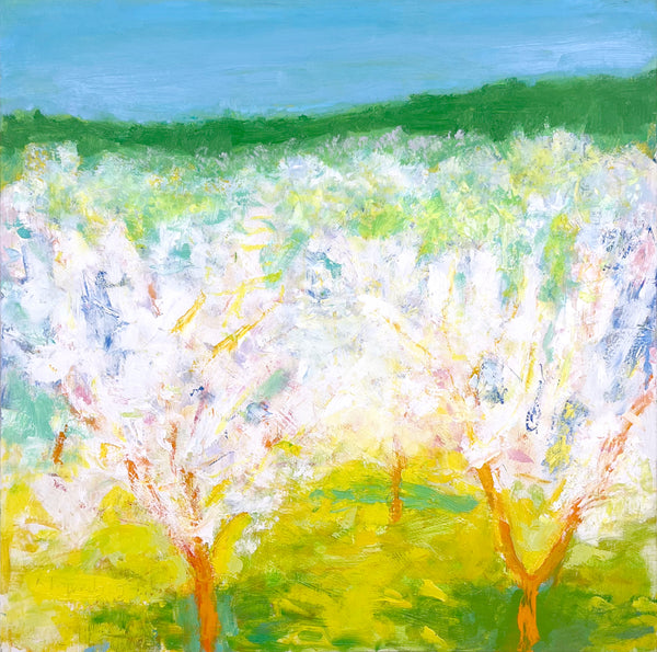 Artistic depiction of trees with white blossoms against a blue sky