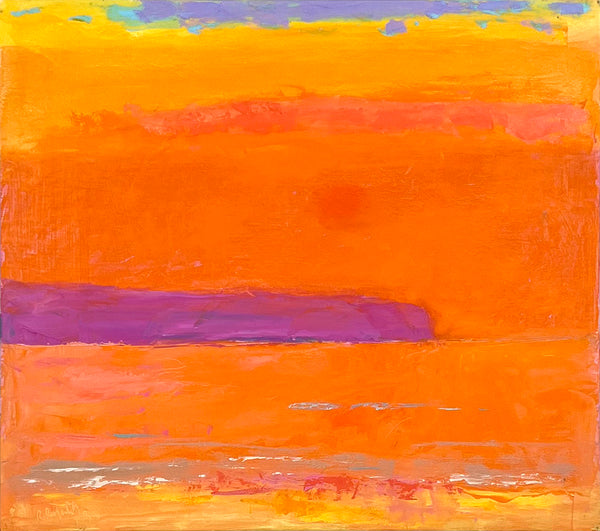 Abstract painting with horizontal stripes of orange, purple, and yellow.