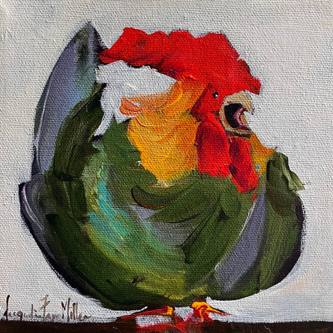 Colorful painting of a rooster on a textured white background