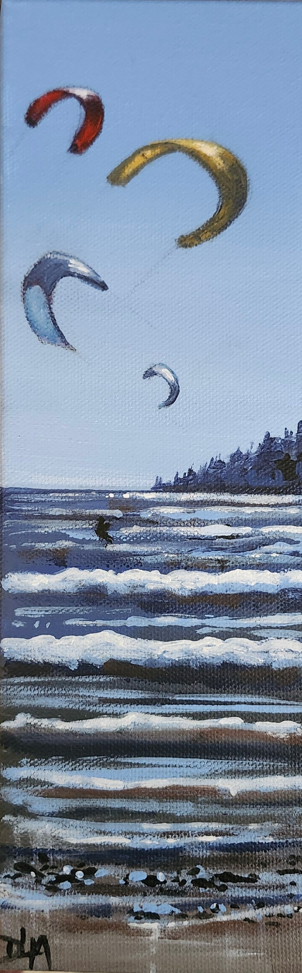 Artistic depiction of kites over water with a blue sky.