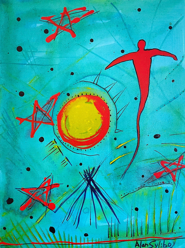 An abstract acrylic painting on canvas featuring a red figure, yellow and black shapes, and a central sun-like symbol.