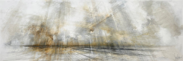 Abstract art piece with a mix of white, gray, and brown colors.