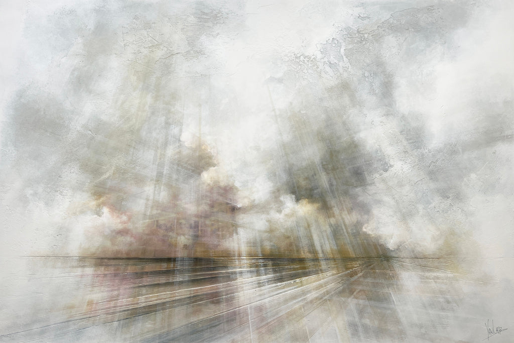 Abstract art with light beams and cloud-like textures