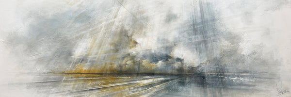 Abstract art piece with wavy lines and smoky textures in gray and yellow tones.