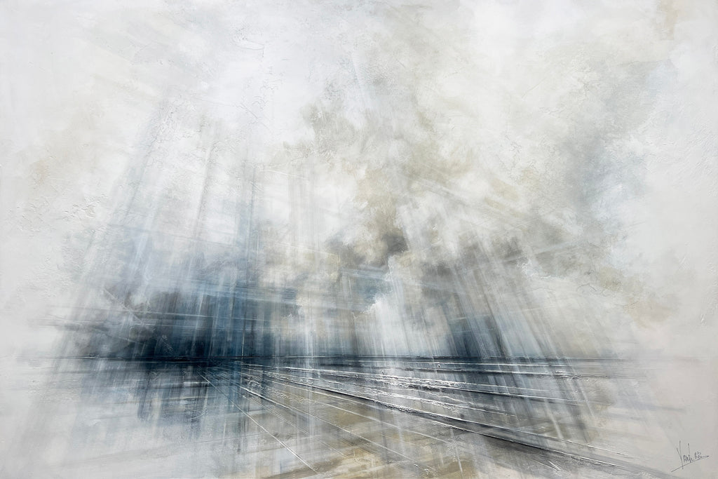 Abstract art piece with blurred lines and shapes on a light background