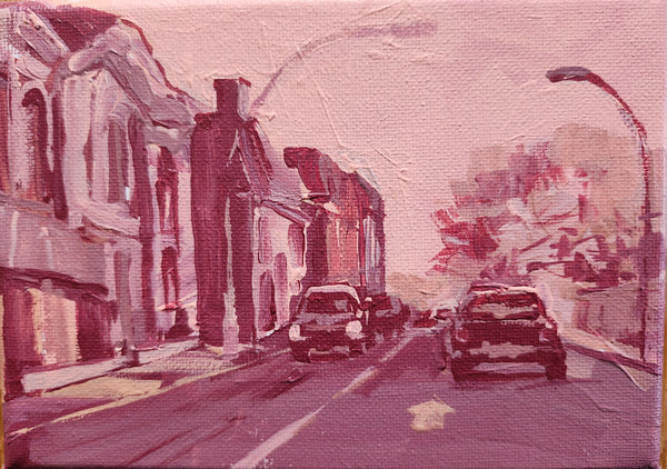 Painting of a street scene with cars and buildings in a stylized manner.