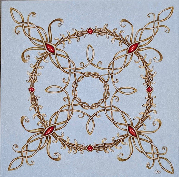 Decorative gold and red pattern on a light blue background