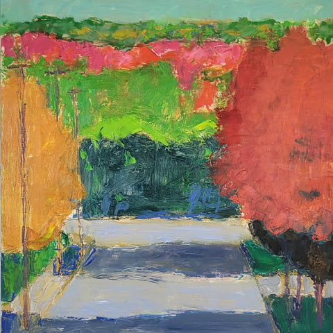 Colorful abstract painting with vibrant green, red, and yellow hues.