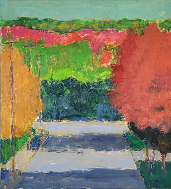 Colorful abstract painting with vibrant green, red, and yellow hues.