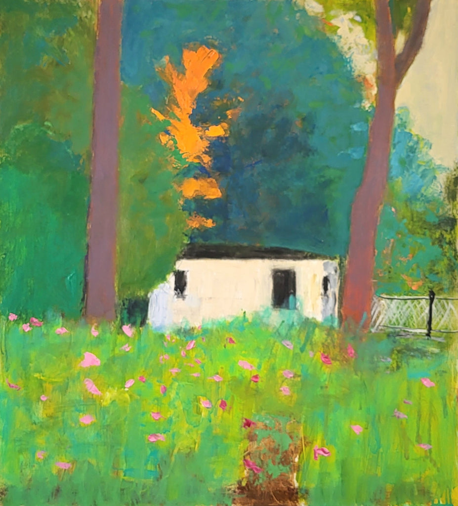 Painting of a small white house surrounded by greenery and flowers