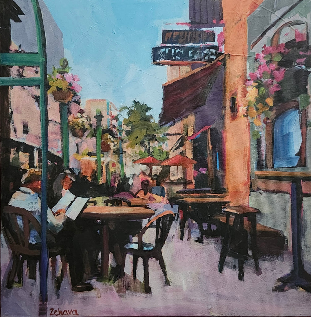 Painting of an outdoor cafe scene with people sitting at tables and flowers hanging from a balcony.