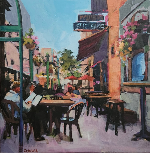 Painting of an outdoor cafe scene with people sitting at tables and flowers hanging from a balcony.