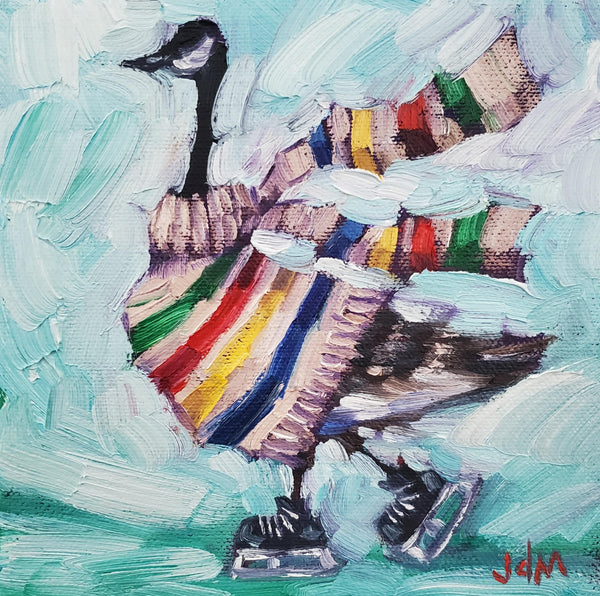 an oil painting of a canada goose wearing skates and a Hudson Bay striped sweater and scarf