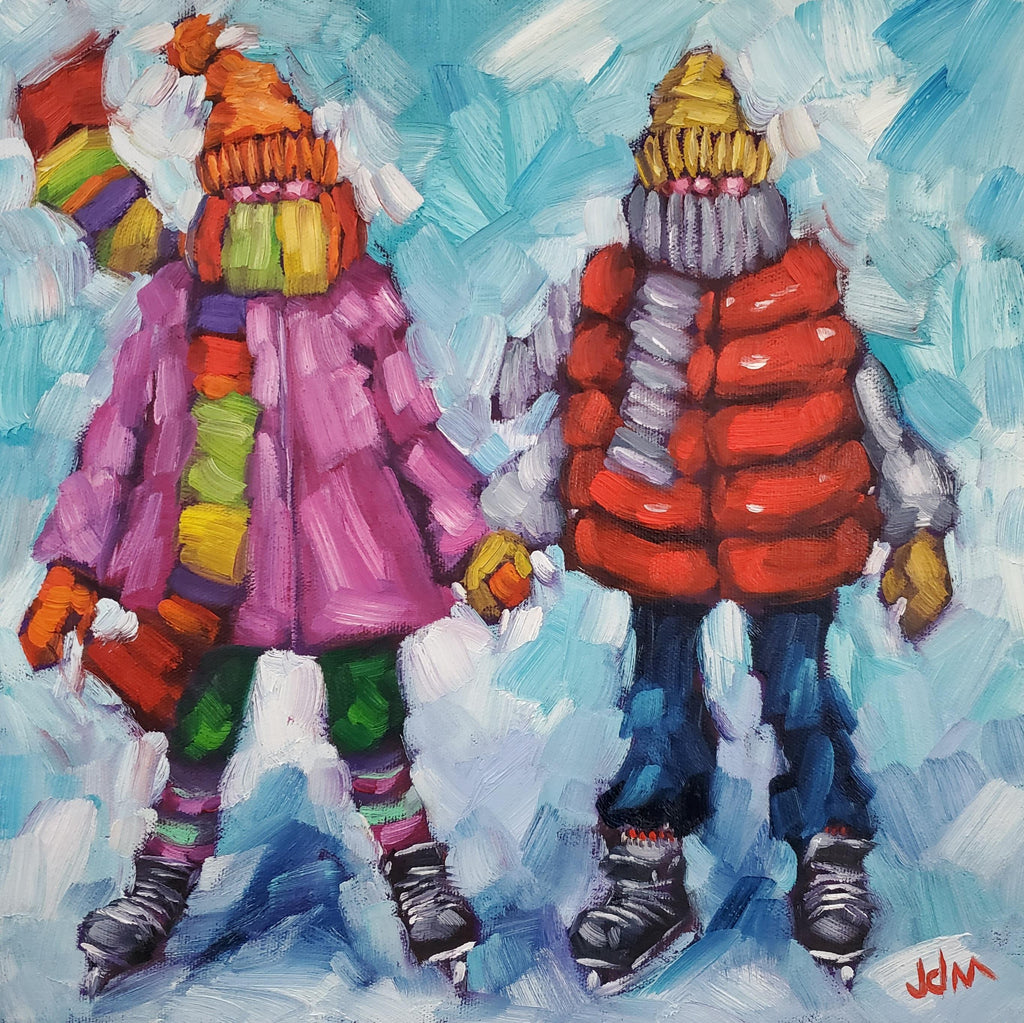 two people bundled up in winter clothes, wearing skates and holding hands