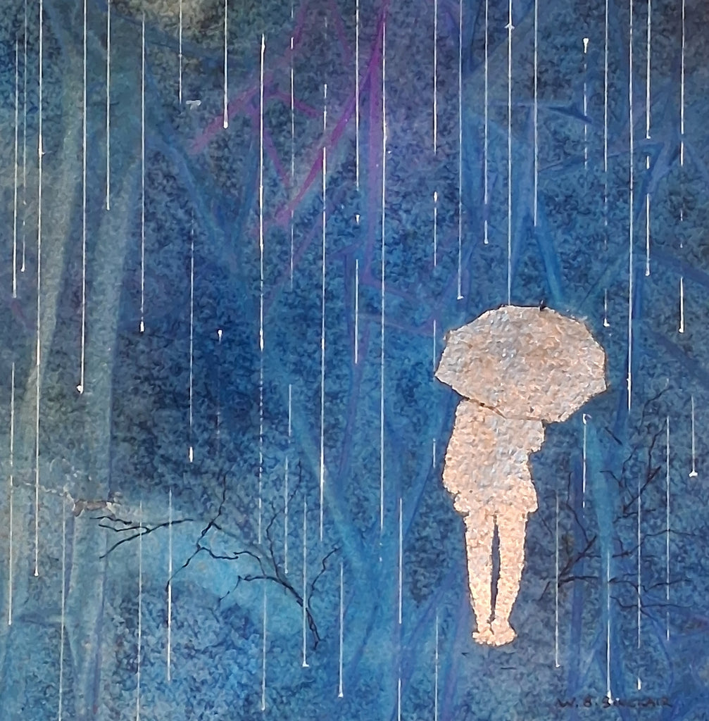 Artistic depiction of a person with an umbrella under a blue rain shower