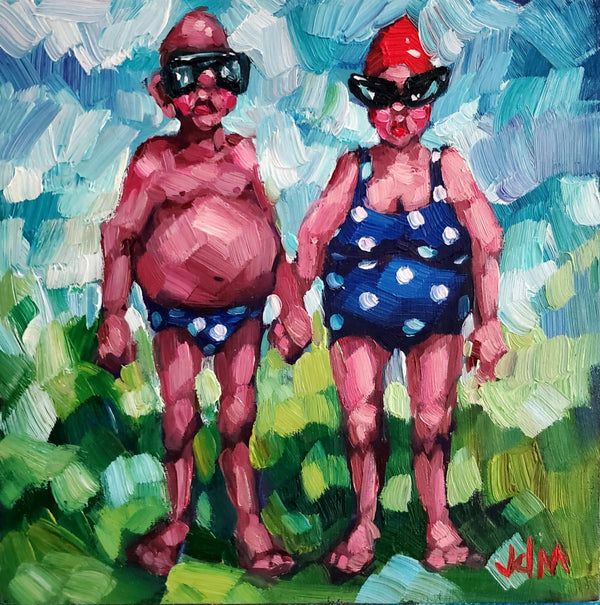 Painting of two figures in swimsuits and sunglasses against a colorful background