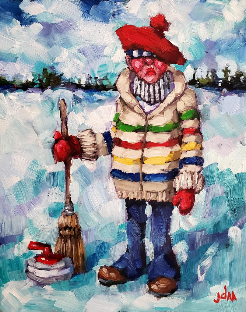 Painting of a person in a colorful striped coat and red hat standing in a snowy landscape.