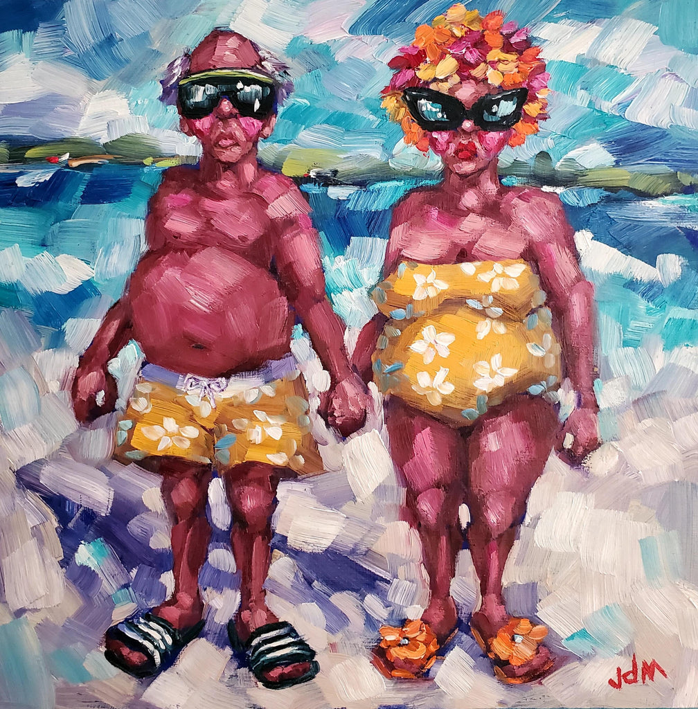 Two people in swimsuits and sunglasses on a beach with a colorful abstract background