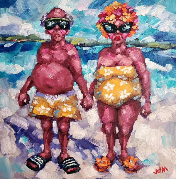 Two people in swimsuits and sunglasses on a beach with a colorful abstract background