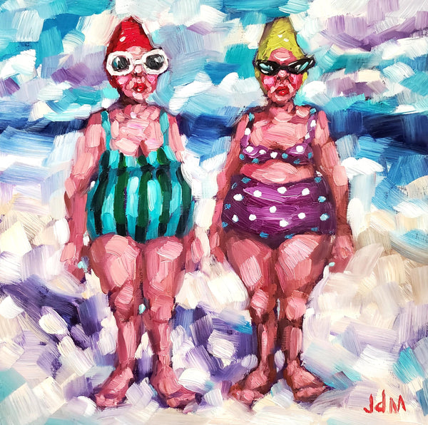 Two figures in swimsuits and sunglasses on a colorful abstract background