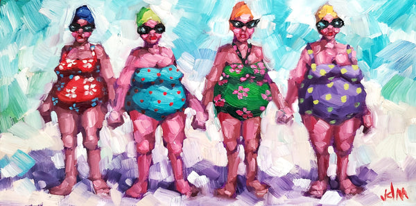 Four women in swimsuits and sunglasses on a beach with a colorful abstract background.