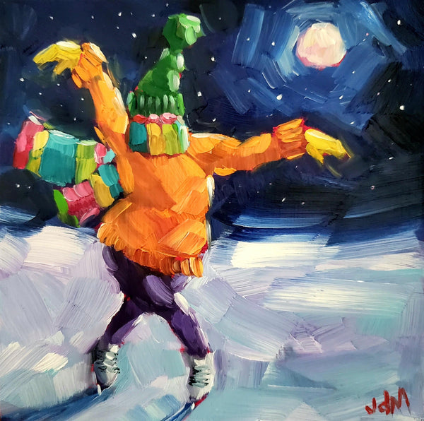 Colorful abstract painting of a figure with outstretched arms against a night sky.