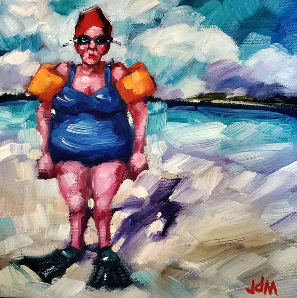 Colorful painting of a person wearing a blue outfit and orange life vests against a blue sky.