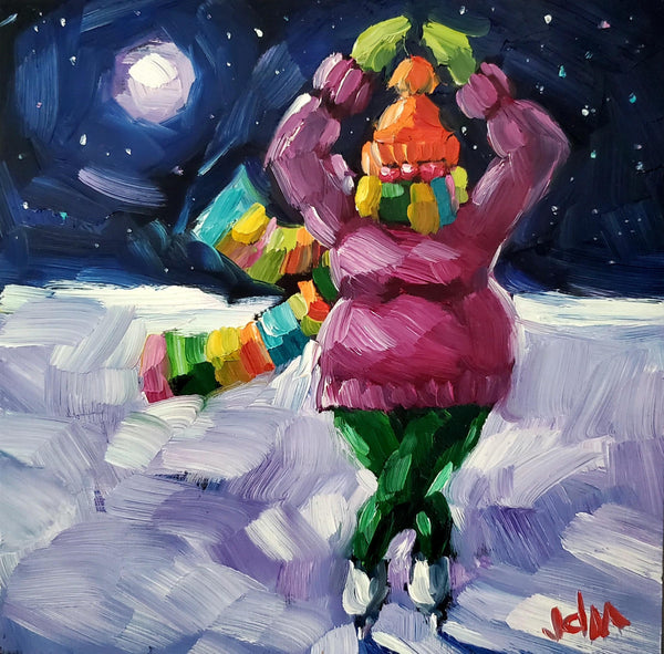 Colorful abstract painting of a figure with a multicolored hat against a night sky.