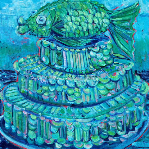 Colorful painting of a three-tiered cake with fish design on top
