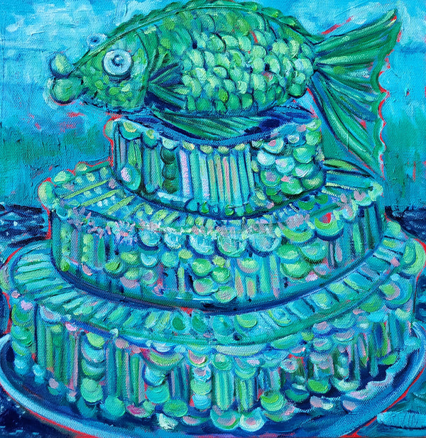 Colorful painting of a three-tiered cake with fish design on top