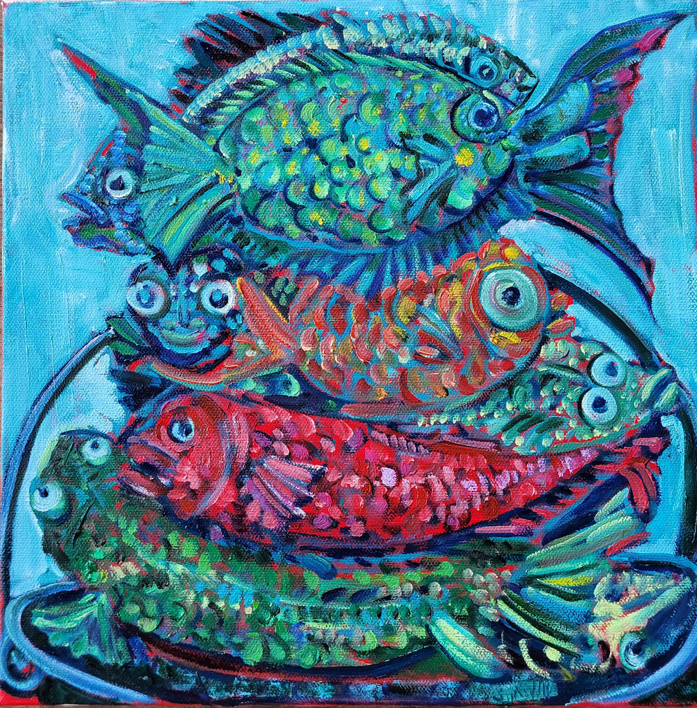 Colorful painting of four stylized fish on a blue background