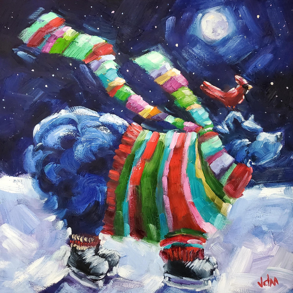 Colorful bear in ice skates with a rainbow scarf against a night sky with a moon and clouds.