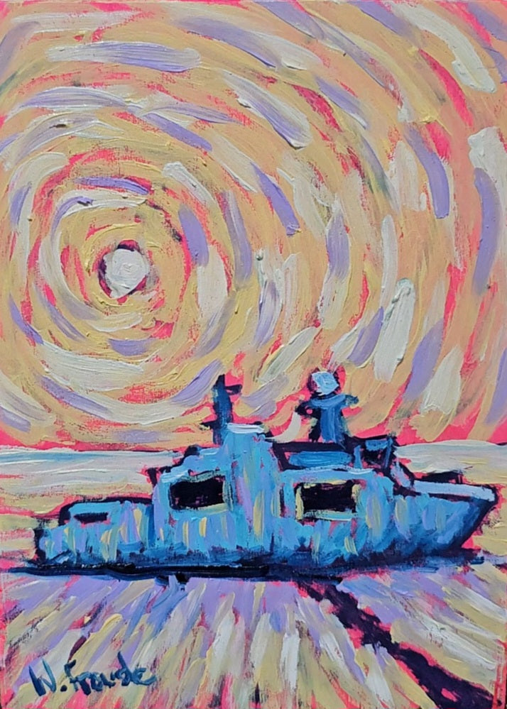 An expressive painting of a blue boat on water under a swirling sky with warm beige, pink, orange, and lavender brushstrokes. The artist's signature is visible in the lower left corner.