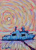 An expressive painting of a blue boat on water under a swirling sky with warm beige, pink, orange, and lavender brushstrokes. The artist's signature is visible in the lower left corner.
