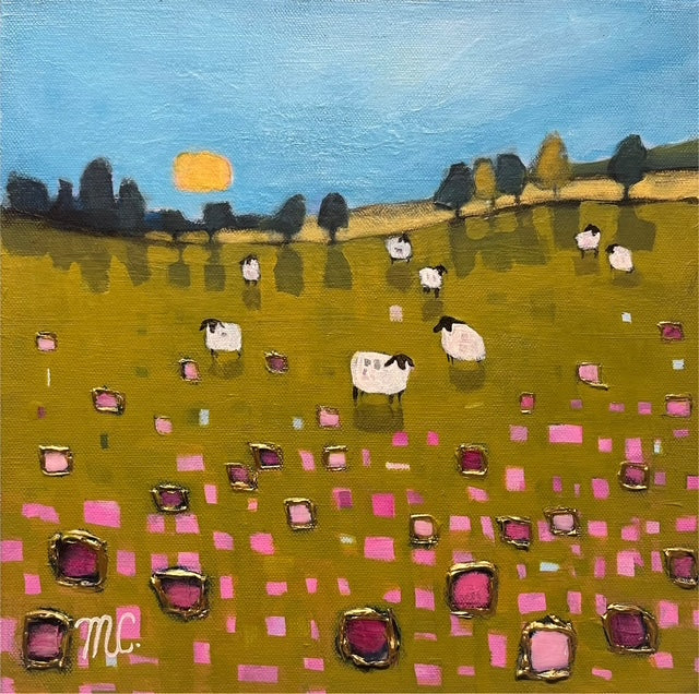 Painting of sheep in a field with a colorful patterned ground and blue sky.