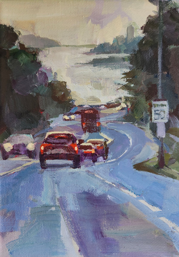 Painting of a city street with cars and traffic lights, featuring a river and buildings in the background.