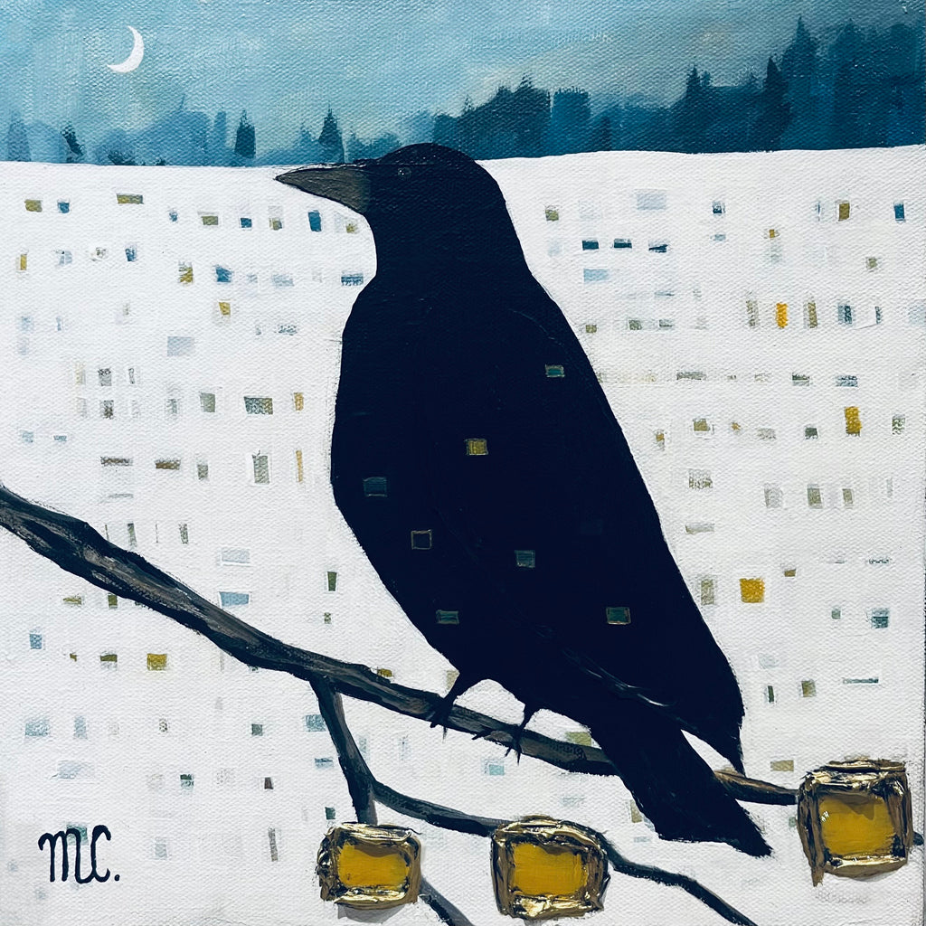 Silhouette of a crow on a branch with a snowy landscape and city skyline in the background.