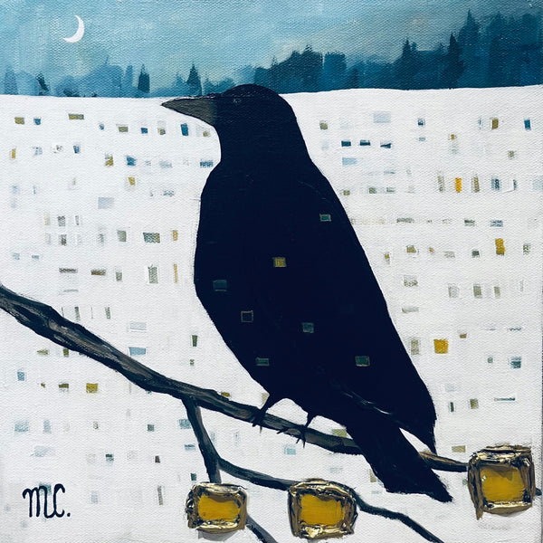 Silhouette of a crow on a branch with a snowy landscape and city skyline in the background.