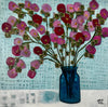 Artistic depiction of pink flowers with gold accents in a blue vase against a textured light blue background.