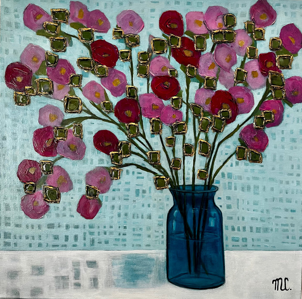 Artistic depiction of pink flowers with gold accents in a blue vase against a textured light blue background.