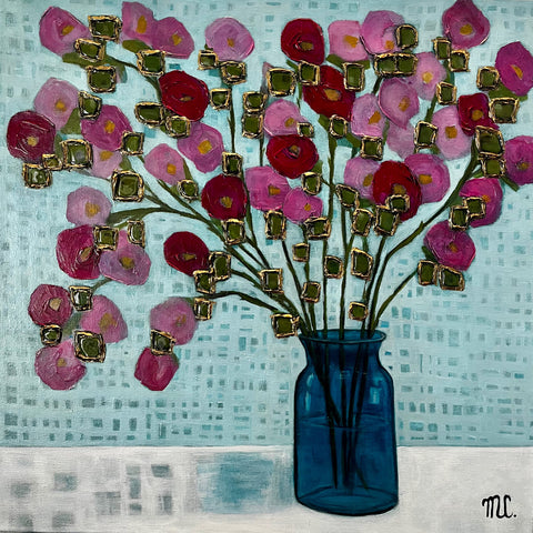 Artistic depiction of pink flowers with gold accents in a blue vase against a textured light blue background.
