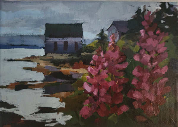 Painting of a house by a body of water with pink flowers in the foreground