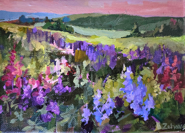 Painting of a field with purple and pink flowers and green hills in the background.