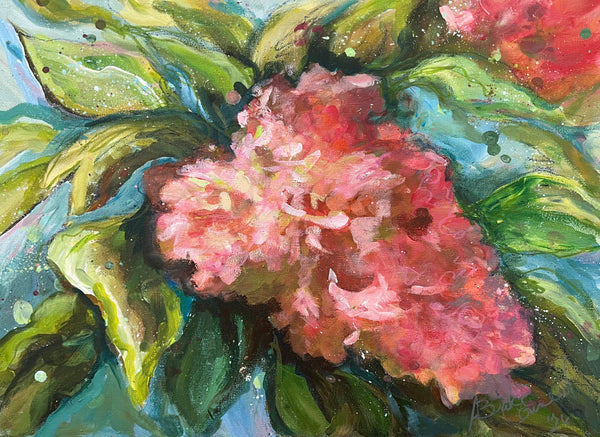 An expressive oil painting of a pink flower with green leaves, featuring textured brushstrokes and splatters of blue and red paint.