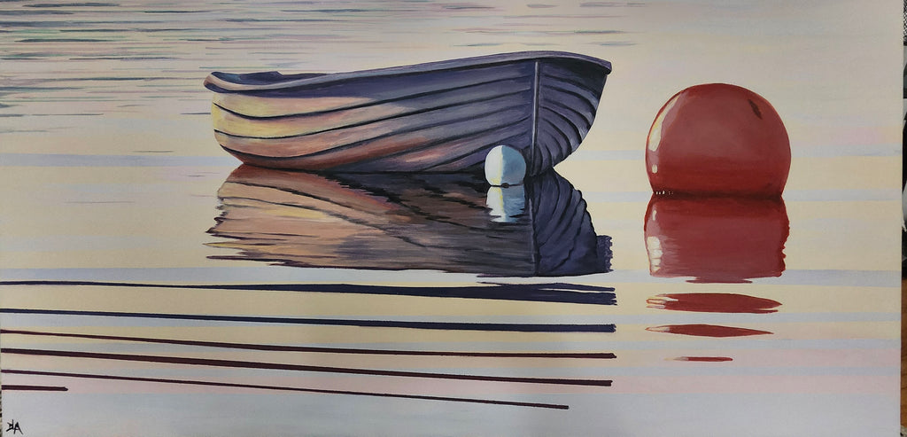 Painting of a boat and sunset reflection on water