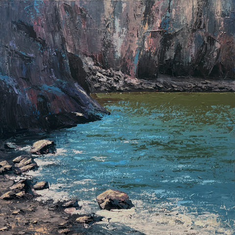 An impressionistic landscape painting depicting a rocky shoreline with blue-green water and tall dark cliffs rendered in textured brushstrokes.